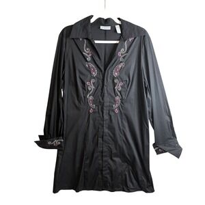 Bohemian Black Paisley Long Line Layering Shirt Sz L French‎ Cuff Women #501